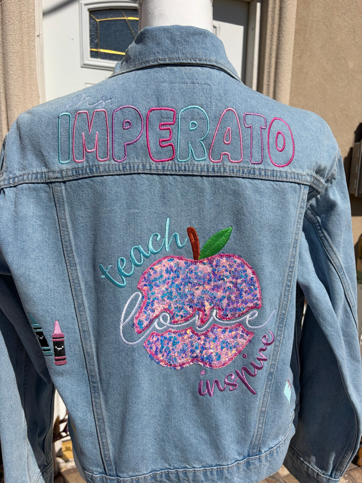 Custom Teacher Embroidered Denim Jacket – Personalized Teacher Jacket | Custom Name & School-Themed Embroidery