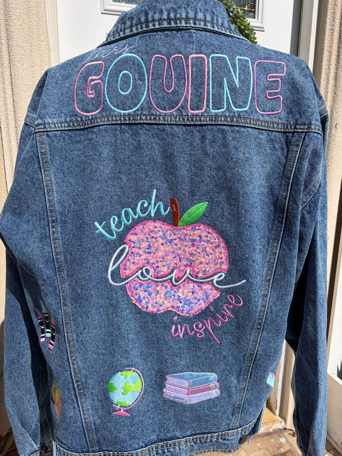 Custom Teacher Embroidered Denim Jacket – Personalized Teacher Jacket | Custom Name & School-Themed Embroidery