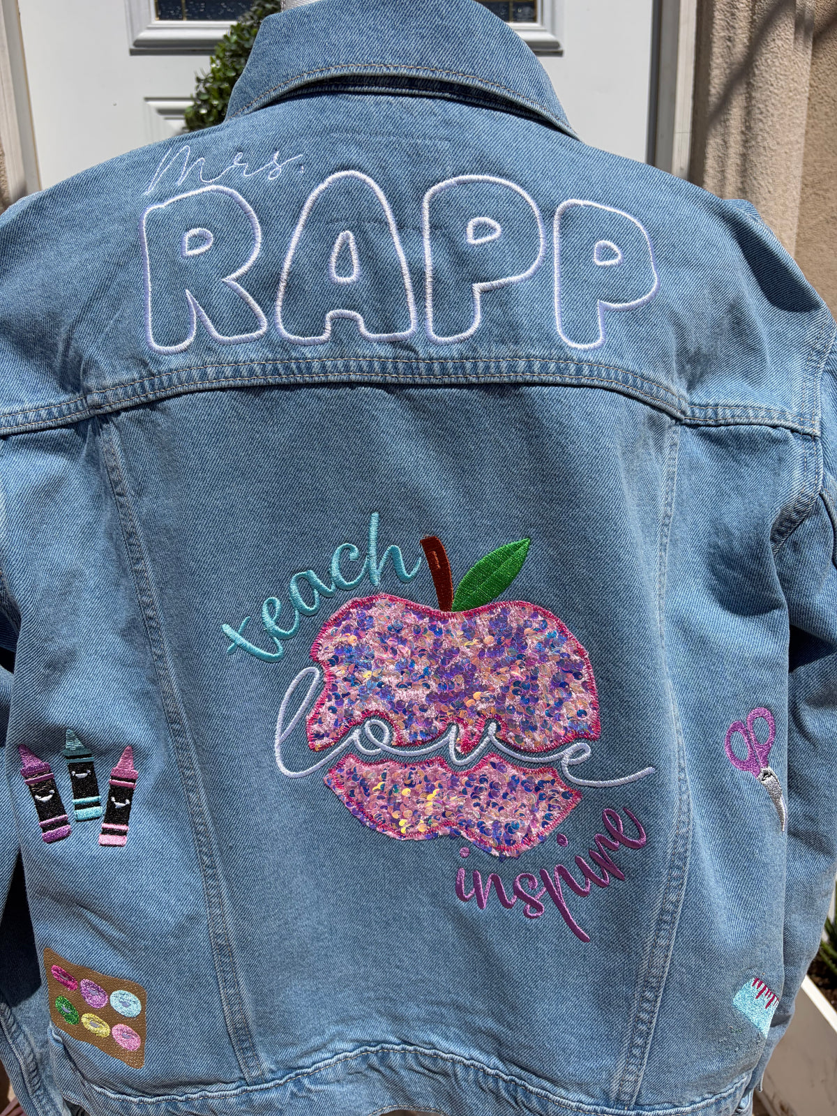 Custom Teacher Embroidered Denim Jacket – Personalized Teacher Jacket | Custom Name & School-Themed Embroidery