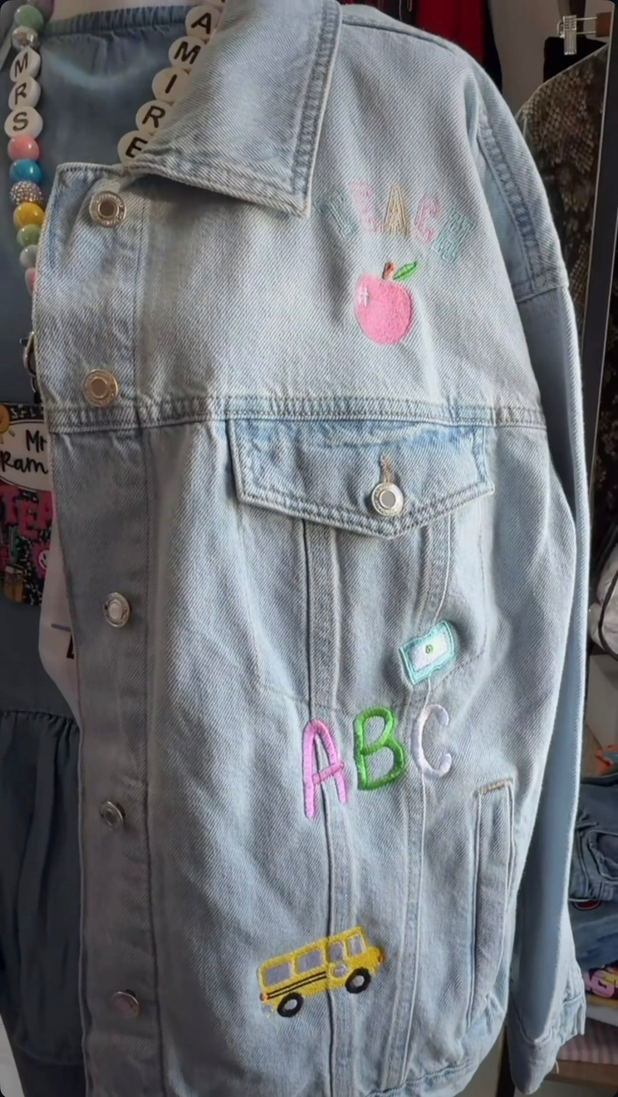 Custom Teacher Embroidered Denim Jacket – Personalized Teacher Jacket | Custom Name & School-Themed Embroidery