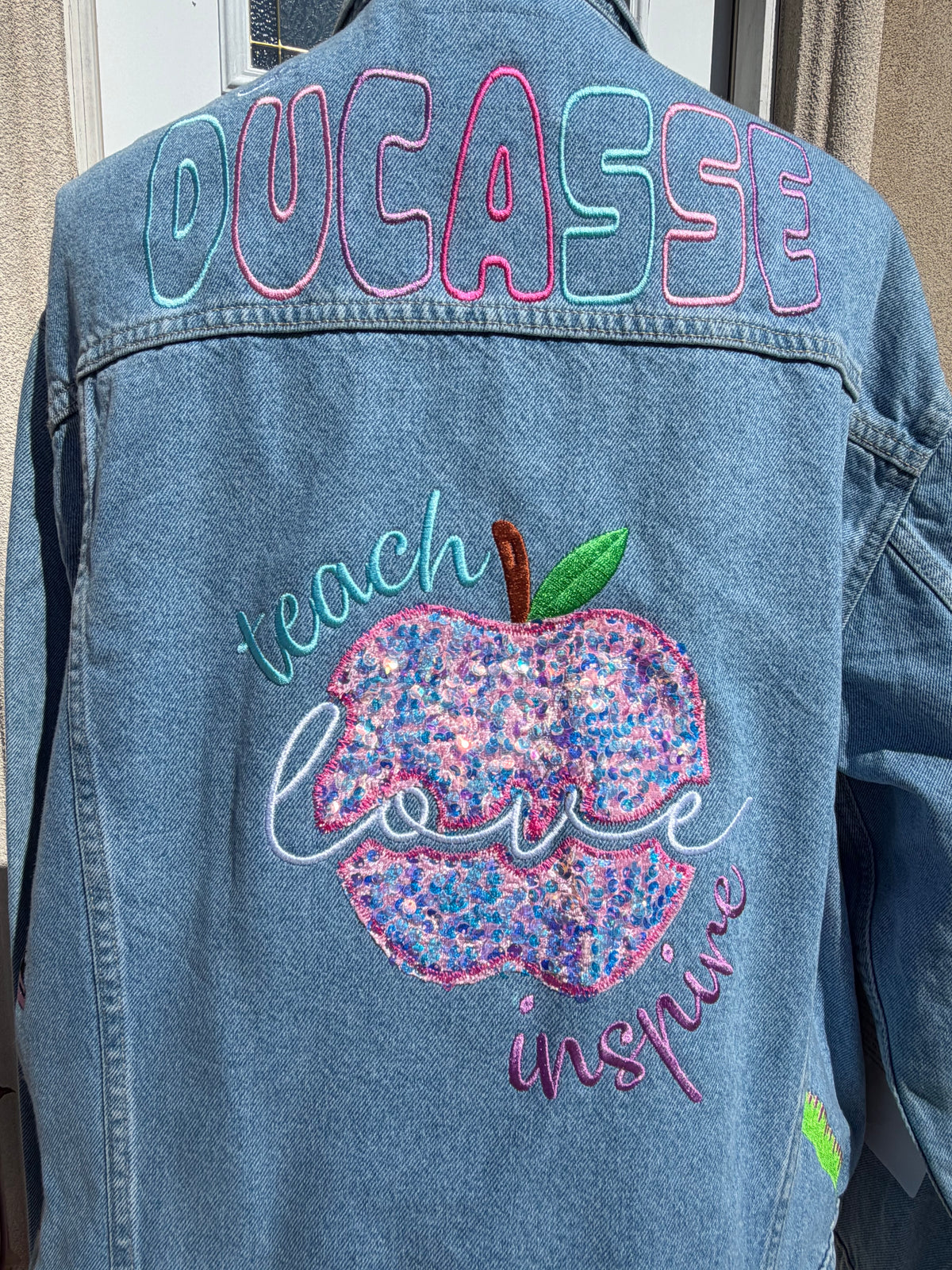 Custom Teacher Embroidered Denim Jacket – Personalized Teacher Jacket | Custom Name & School-Themed Embroidery