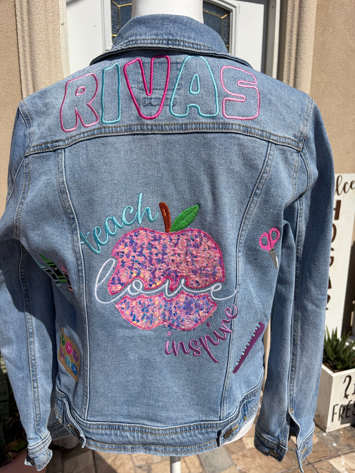 Custom Teacher Embroidered Denim Jacket – Personalized Teacher Jacket | Custom Name & School-Themed Embroidery