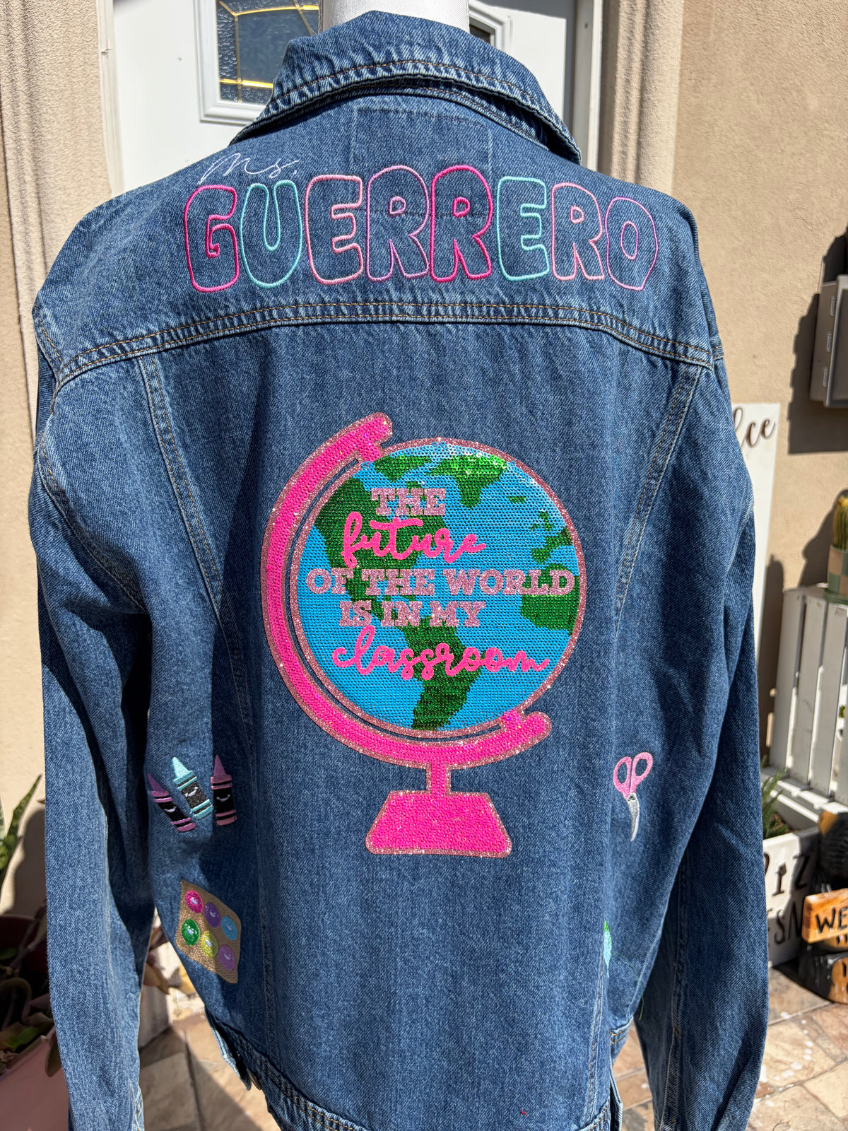 Custom Teacher Embroidered Denim Jacket – Personalized Teacher Jacket | Custom Name & School-Themed Embroidery