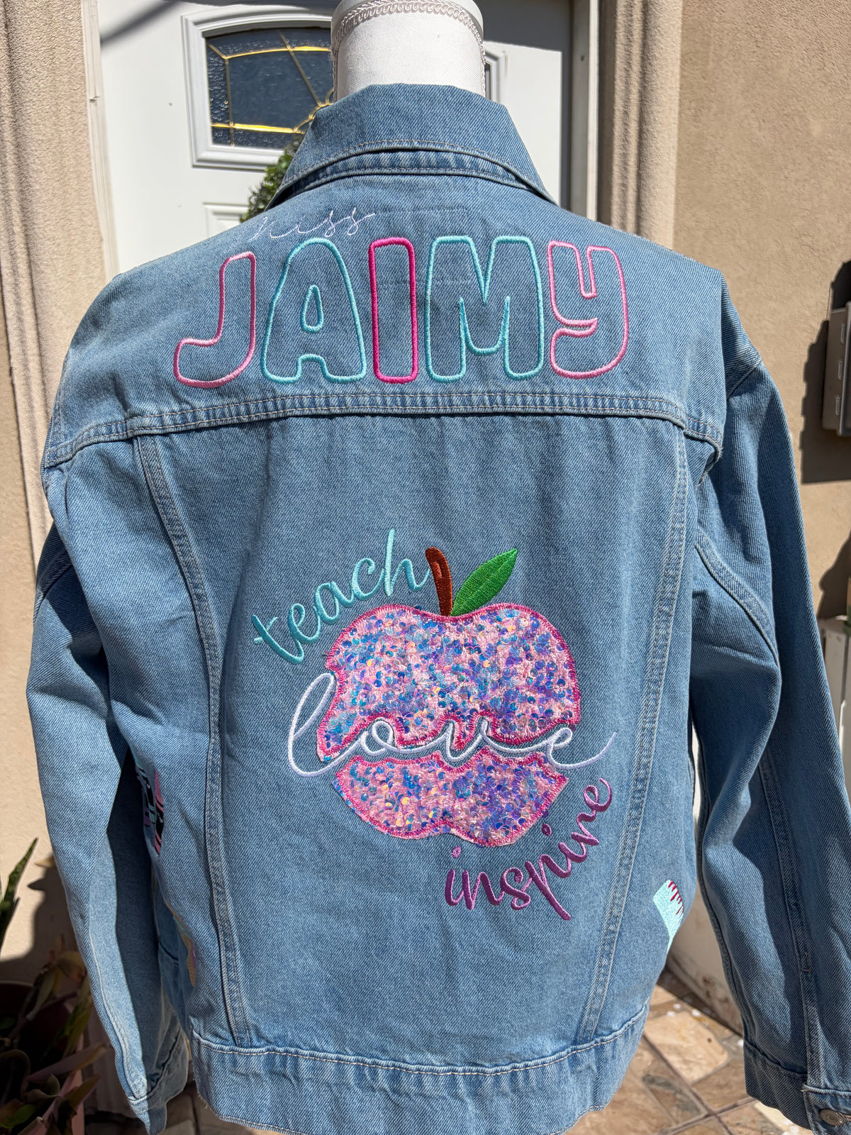 Custom Teacher Embroidered Denim Jacket – Personalized Teacher Jacket | Custom Name & School-Themed Embroidery