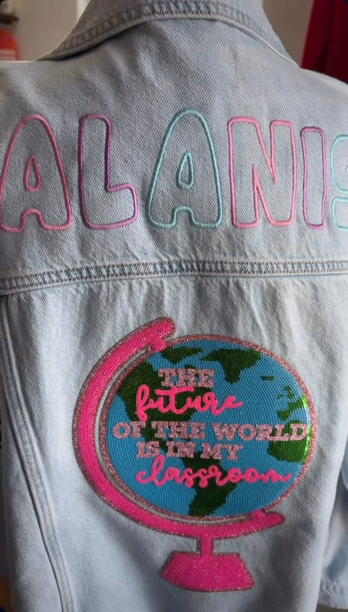 Custom Teacher Embroidered Denim Jacket – Personalized Teacher Jacket | Custom Name & School-Themed Embroidery
