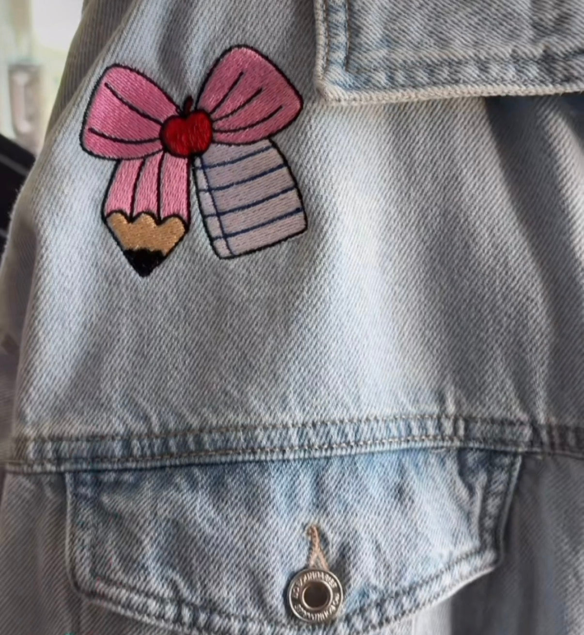 Custom Teacher Embroidered Denim Jacket – Personalized Teacher Jacket | Custom Name & School-Themed Embroidery