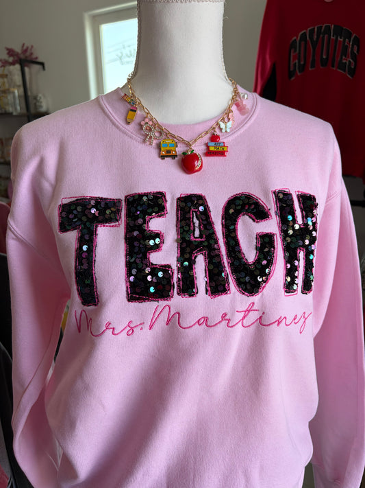 Personalized Sequin Teacher Sweatshirt | Custom Embroidered Name Crewneck