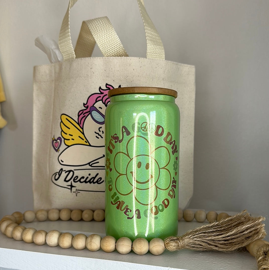 Good Day Green 16oz Iridescent Glass Cup