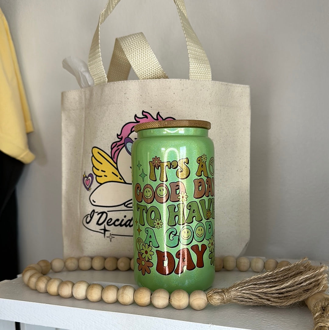 Good Day Green 16oz Iridescent Glass Cup