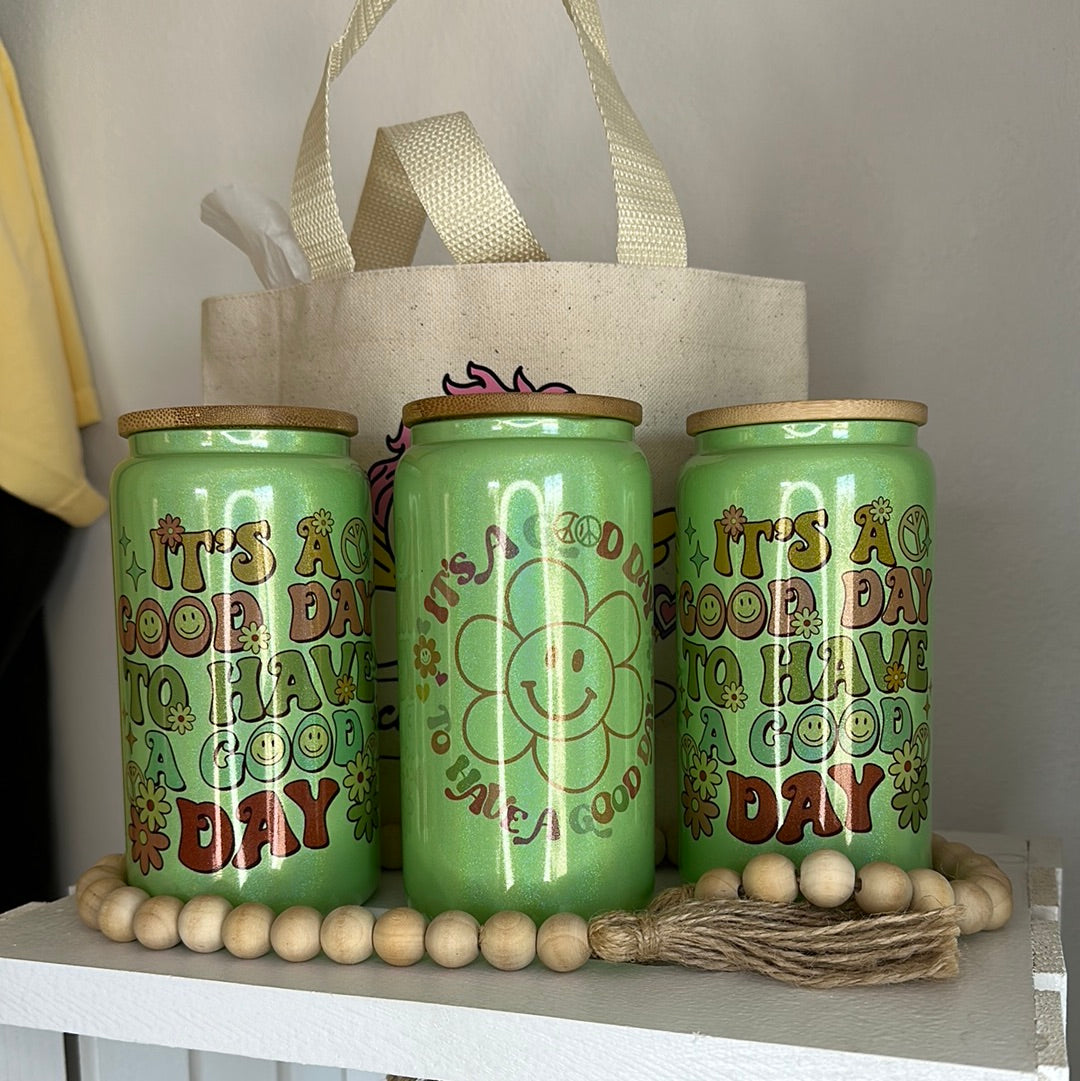 Good Day Green 16oz Iridescent Glass Cup